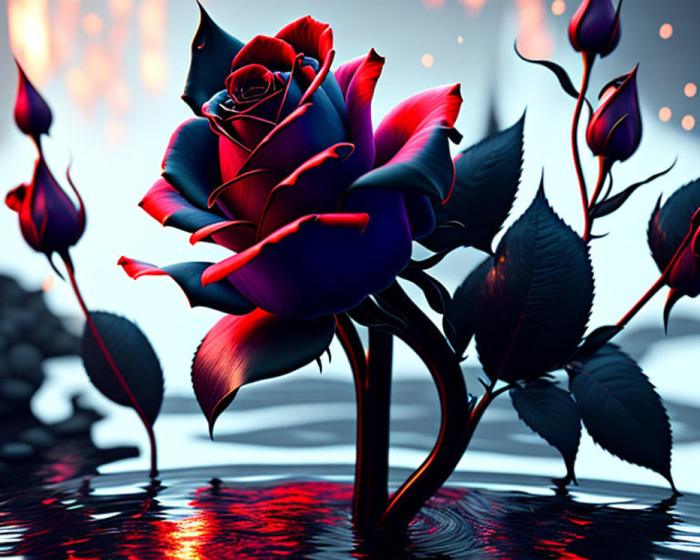 Digitally-rendered vibrant blue and red rose with glossy finish on blurred background with hanging lights and water