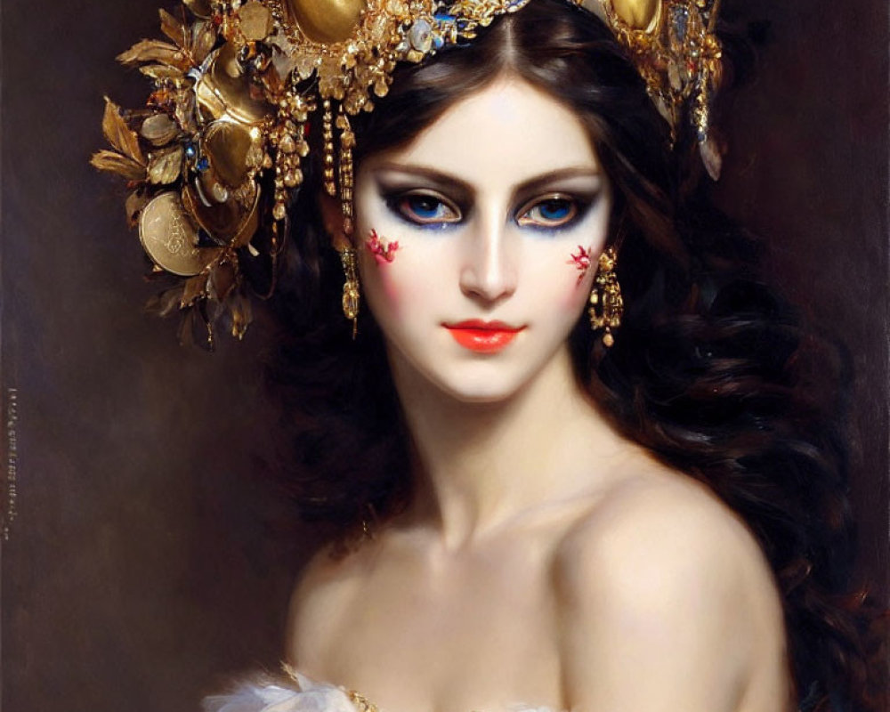 Portrait of Woman with Blue Eyes and Ornate Golden Headpiece