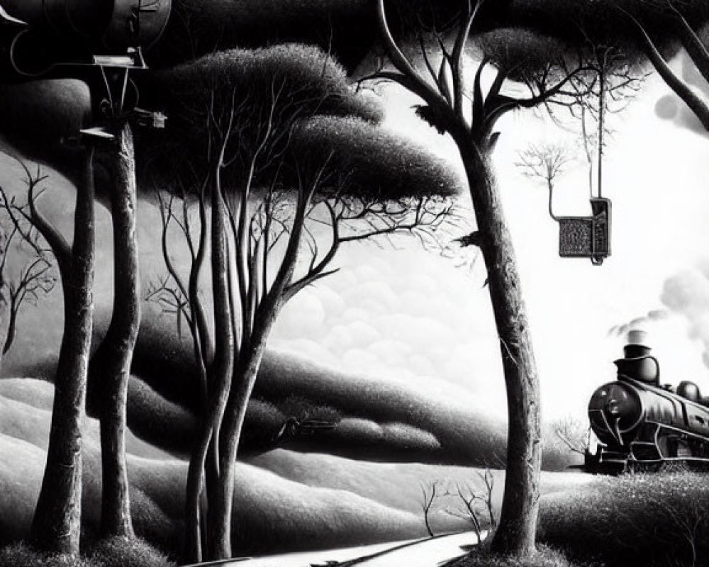 Monochromatic surreal landscape with train, cable car, and thick trees