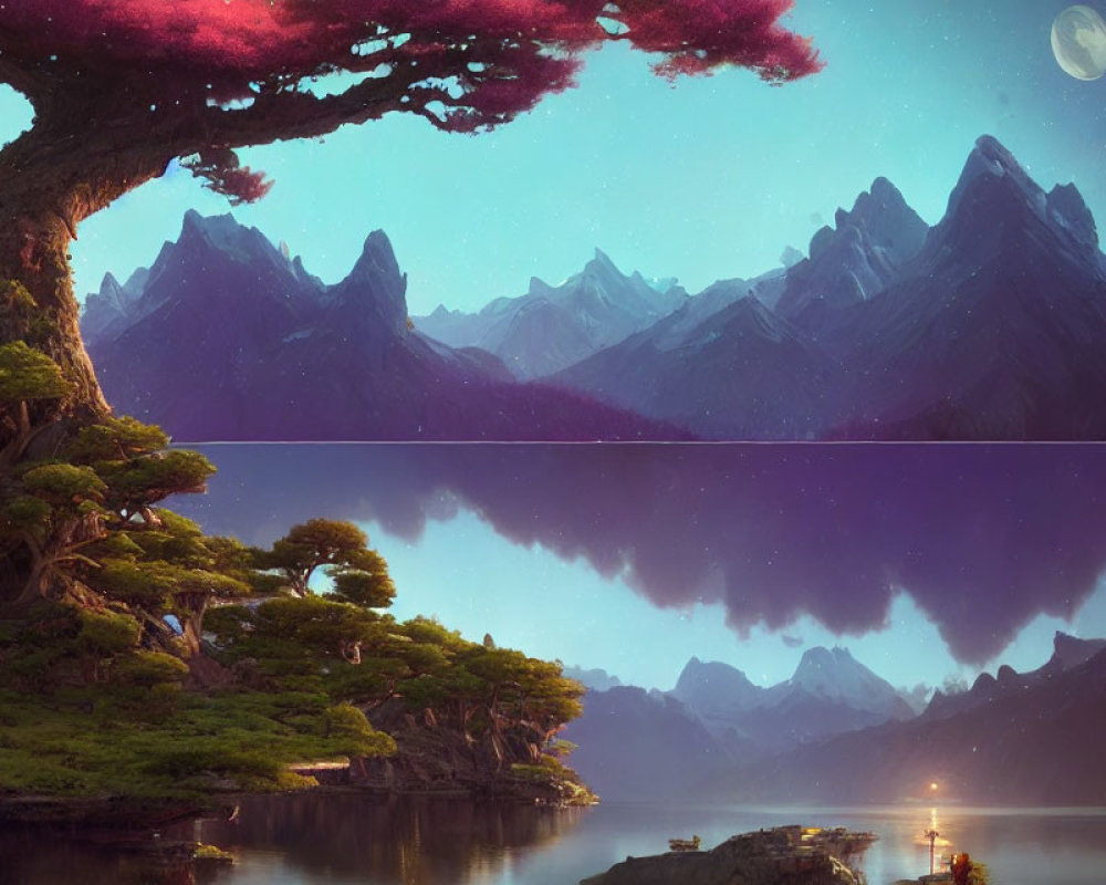 Tranquil landscape with blossoming tree, mountains, day to night transition, boat on lake