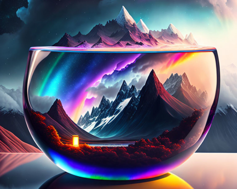 Snow-capped mountains in transparent bowl under cosmic sky with auroras and vibrant colors reflected on glossy surface