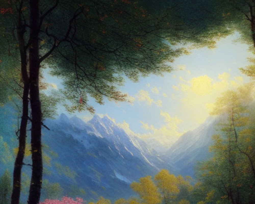 Autumn landscape painting with sunlight, railway track, and snow-capped mountains