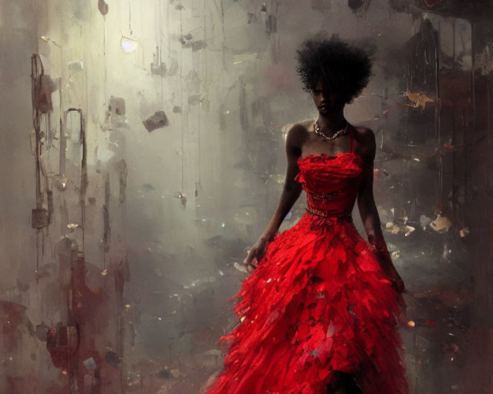 Woman in red gown stands in industrial setting with chains and single light