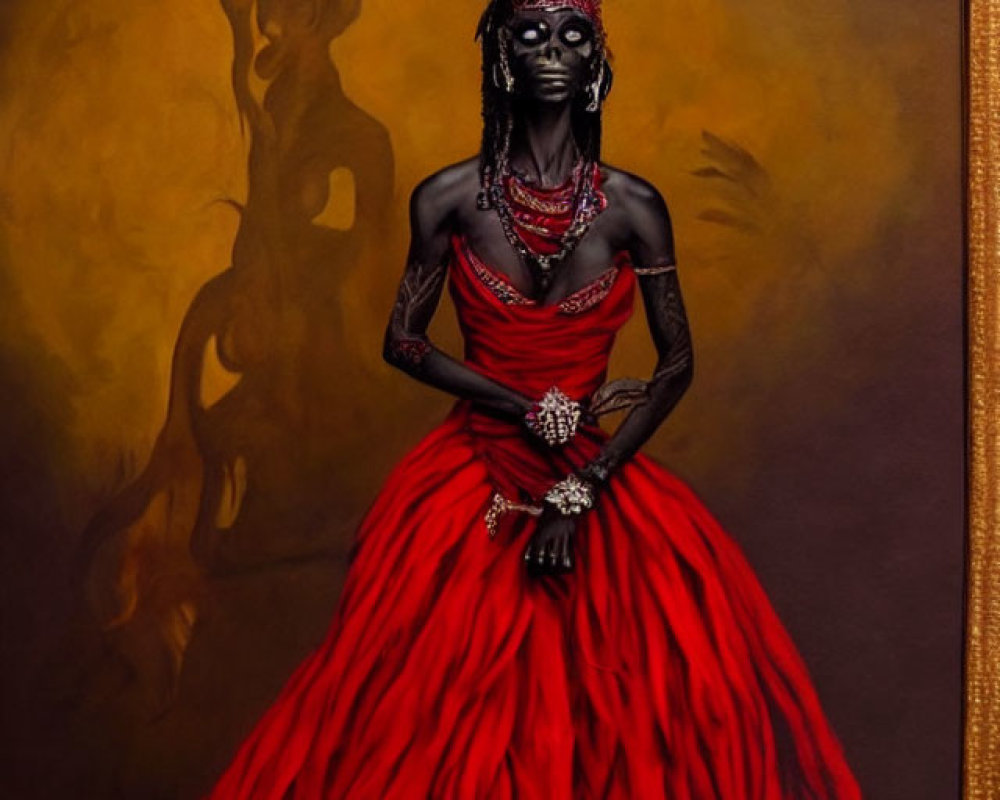 Portrait of a person in red dress with feathered headdress, dark makeup, and jewelry against golden