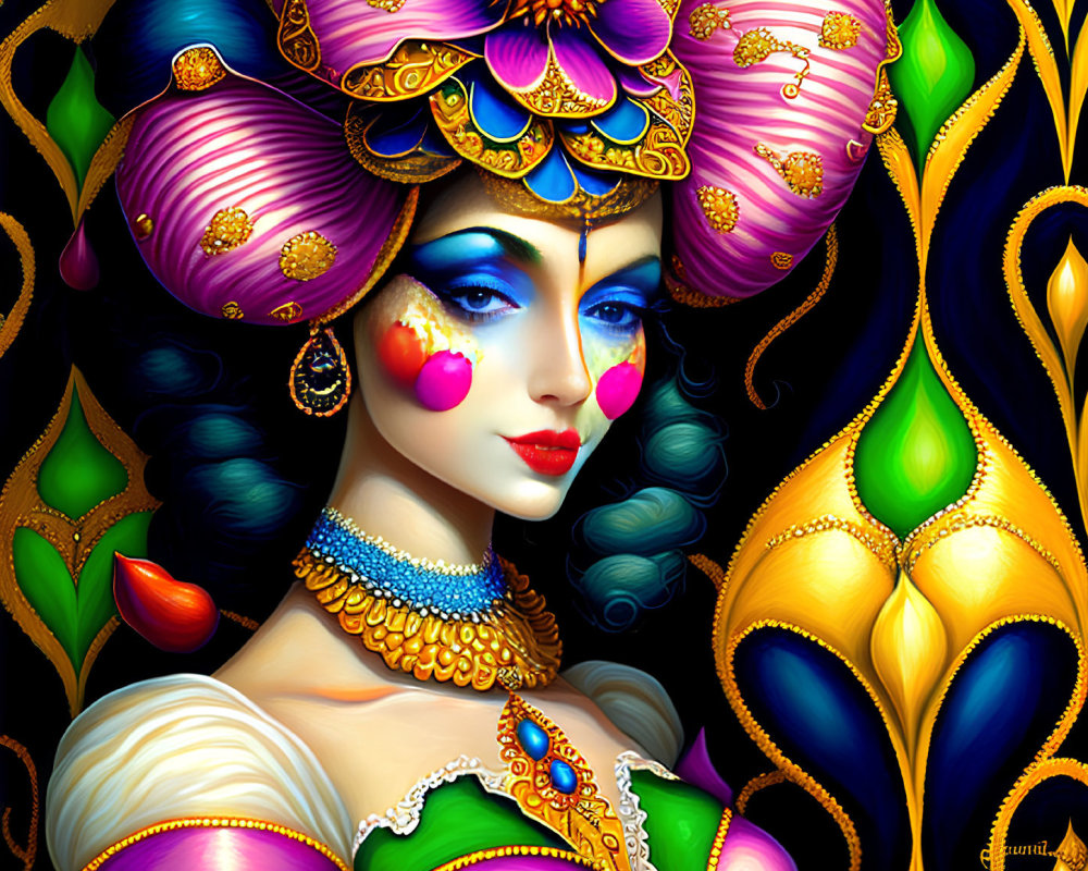 Colorful digital artwork of woman with ornate headdress and makeup against dark background