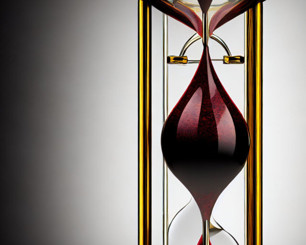 Hourglass with mid-flow sand on reflective surface, gold accents, dark background