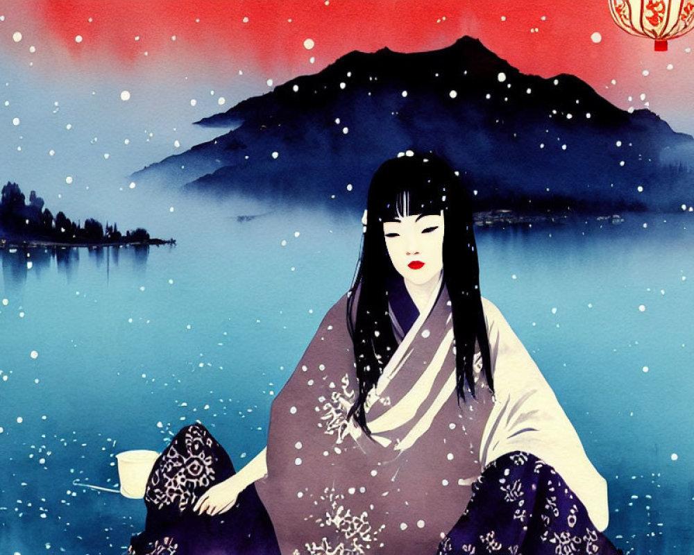 Traditional geisha illustration by serene lake with mountains and red lantern