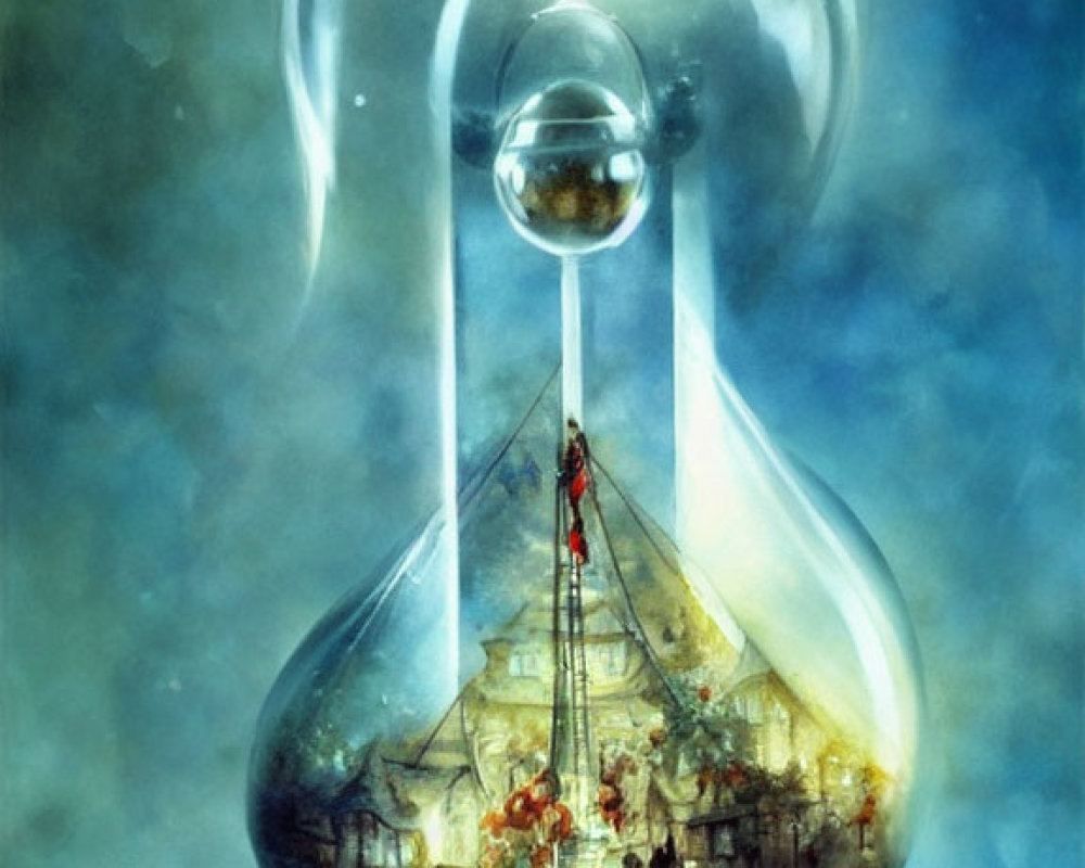 Fantastical painting: Person climbing inside hourglass with miniature city and water elements