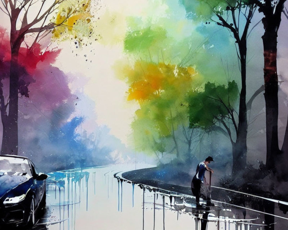 Colorful watercolor painting of person with umbrella, reflective road, trees, car, dreamy sky