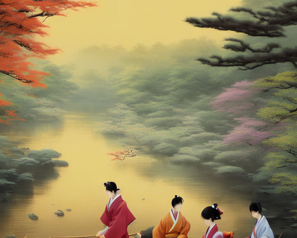 Three people in traditional Japanese attire by misty forest river