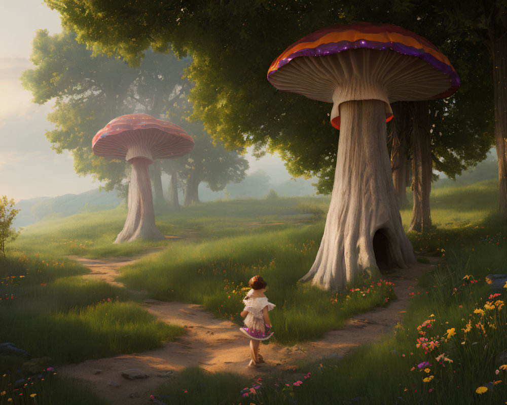 Child Walking Through Whimsical Forest with Giant Mushroom Trees