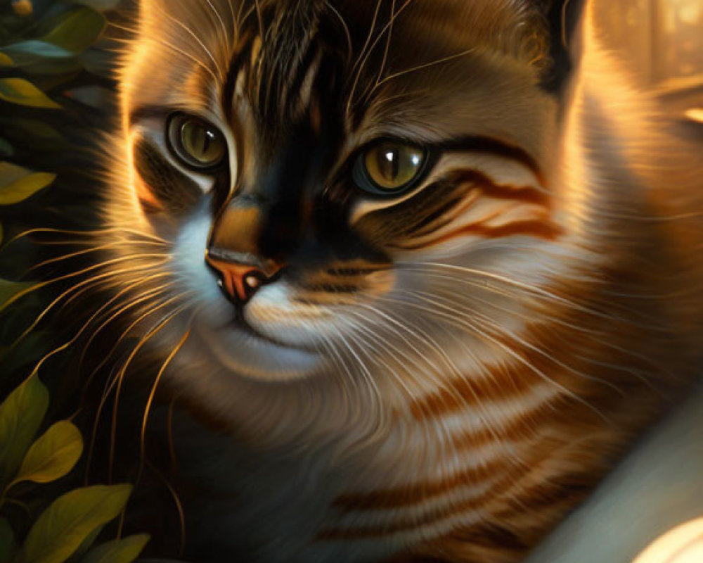 Detailed digital artwork: Brown-striped cat by window with evening light