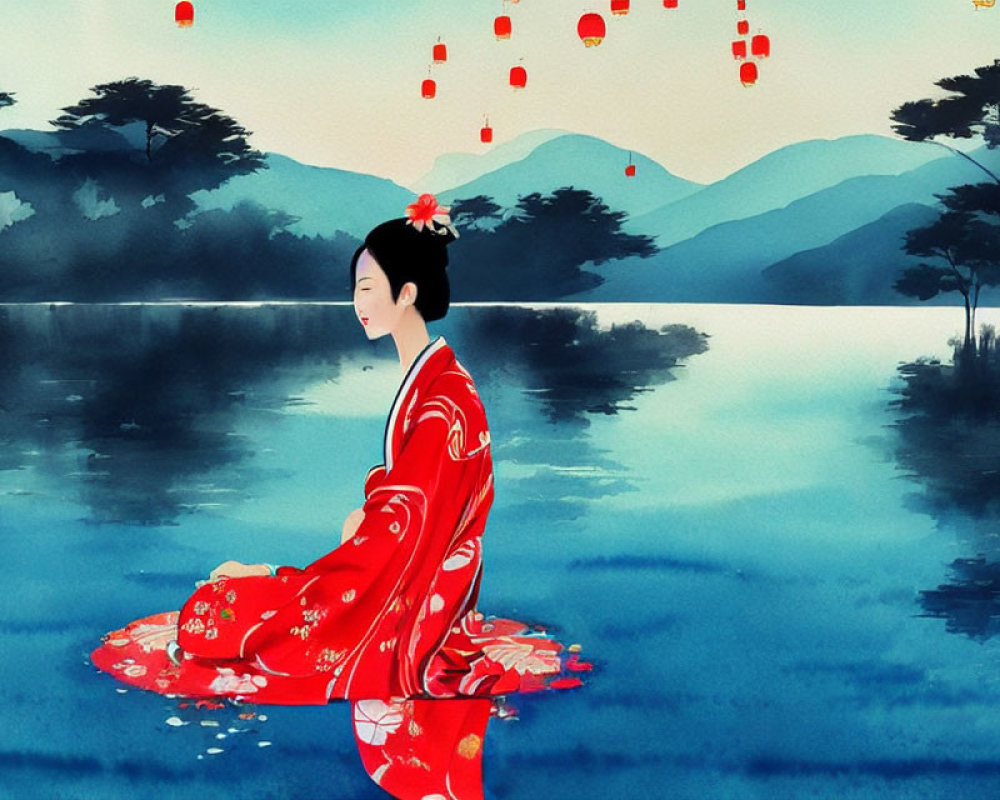 Person in Red Kimono by Calm Lake with Mountains and Lanterns