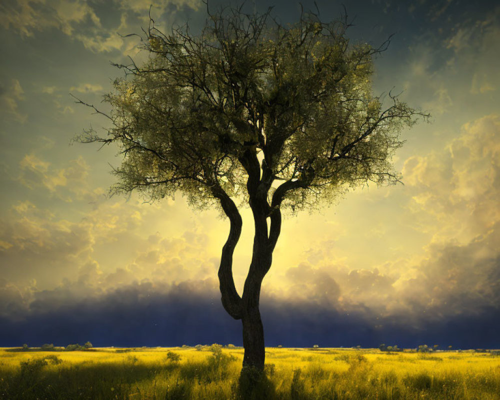 Solitary tree in yellow wildflower field under dramatic sky