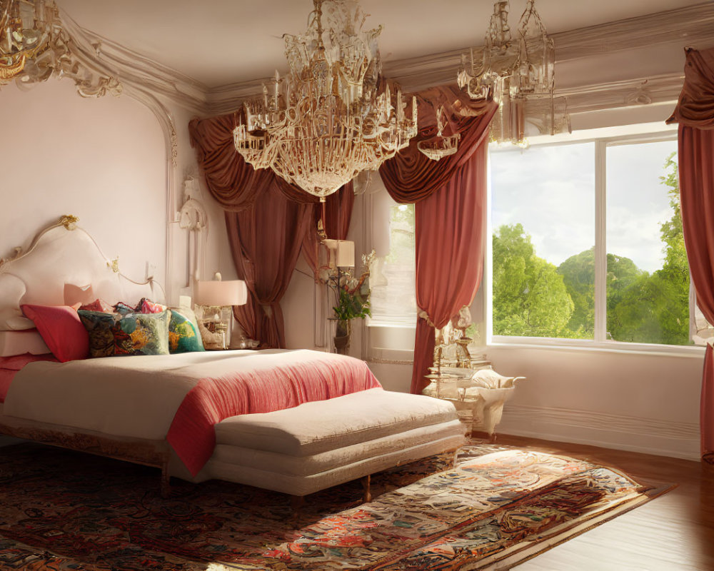 Spacious bedroom with large bed, ornate chandelier, classic drapery, and greenery