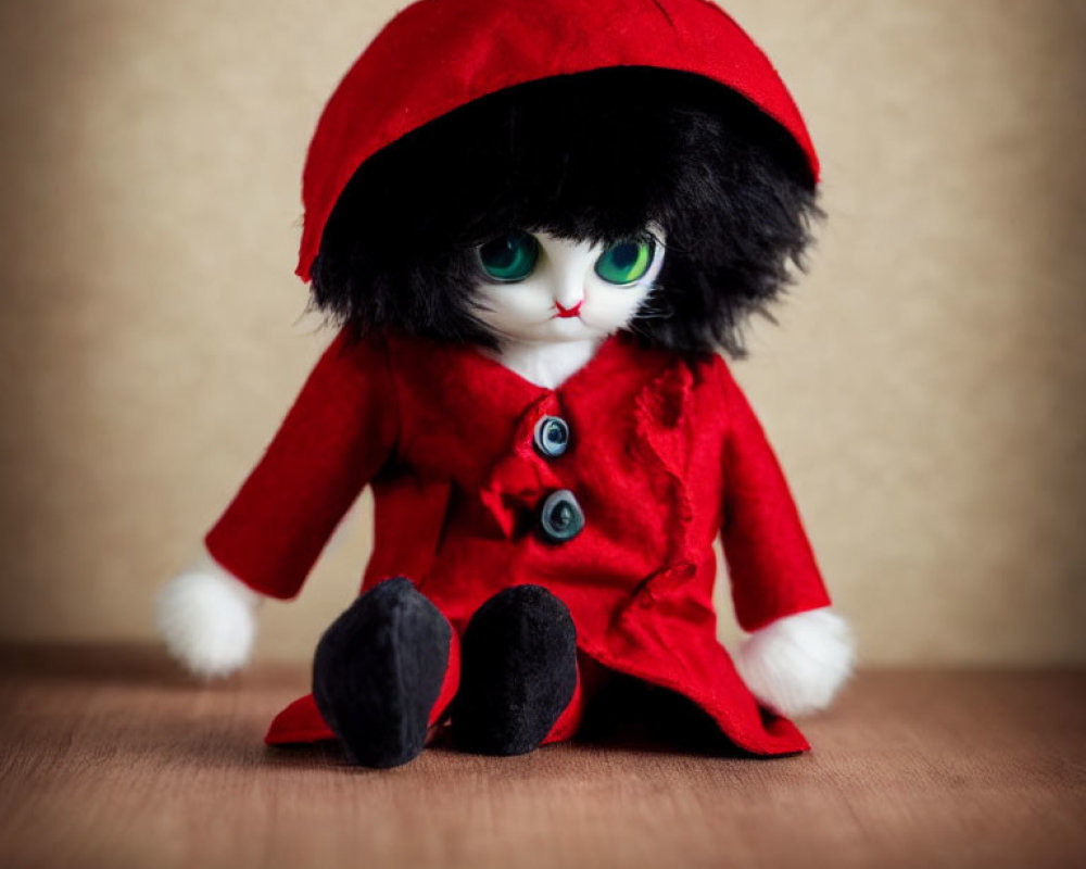 Plush Toy Cat with Green Eyes in Red Coat and Hat on Wooden Surface