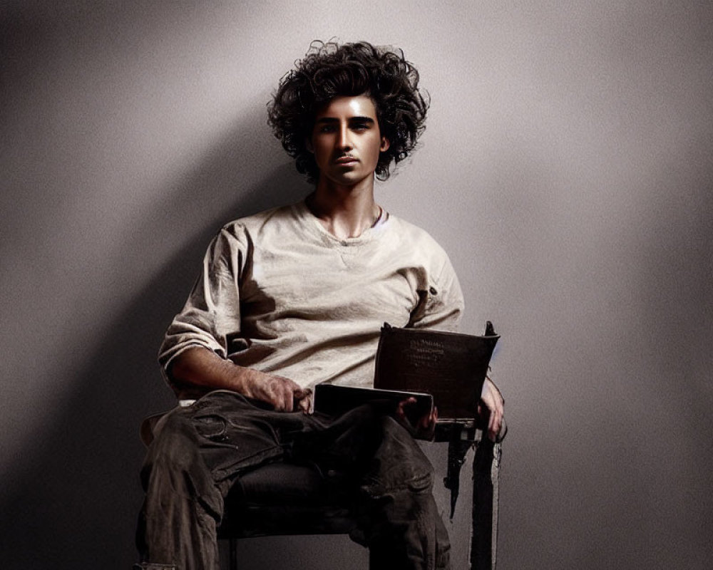 Curly-Haired Man Sitting on Chair with Book under Dramatic Lighting