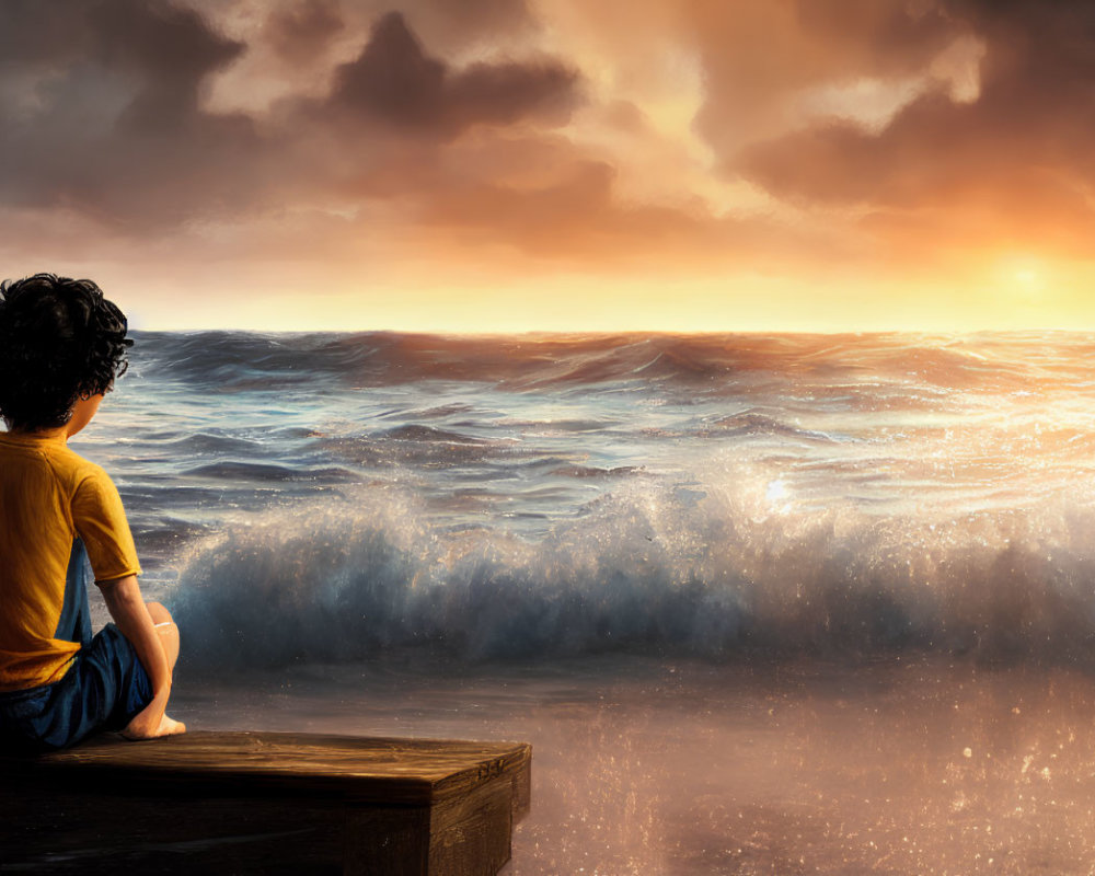 Child on Wooden Dock Observing Dramatic Sunset Seascape