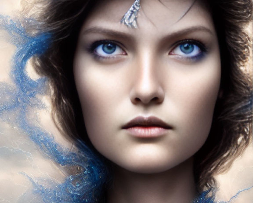 Digital artwork featuring woman with intense blue eyes and swirling blue energy.