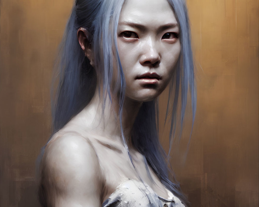 Intense woman with blue hair and red eyes in digital painting