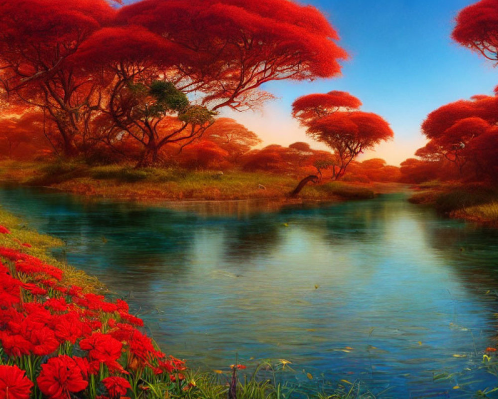 Scenic landscape with red foliage trees by tranquil blue river