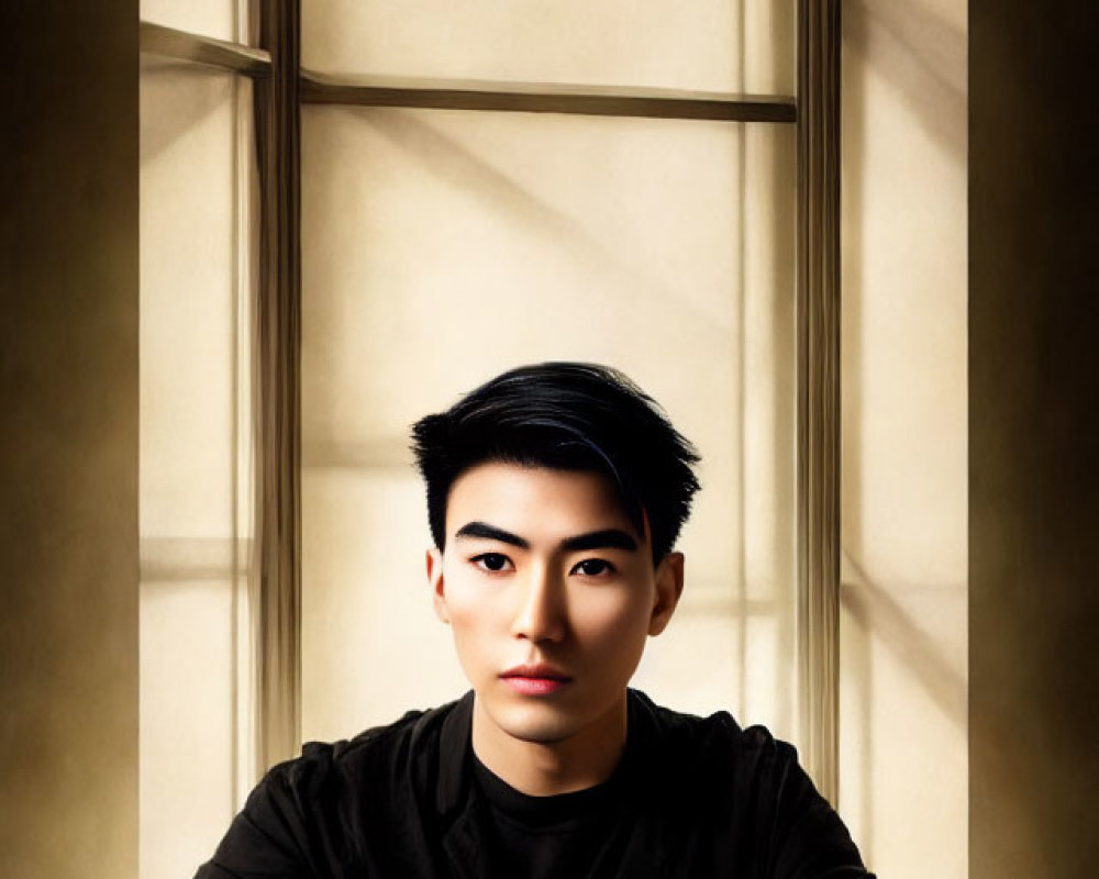 Young person with short black hair in black top sitting by tall window with serious expression