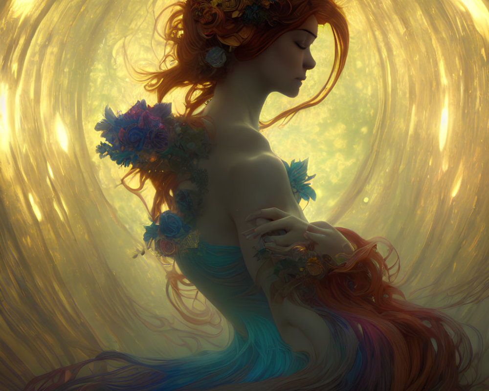 Ethereal woman with multicolored hair and flowers on golden background