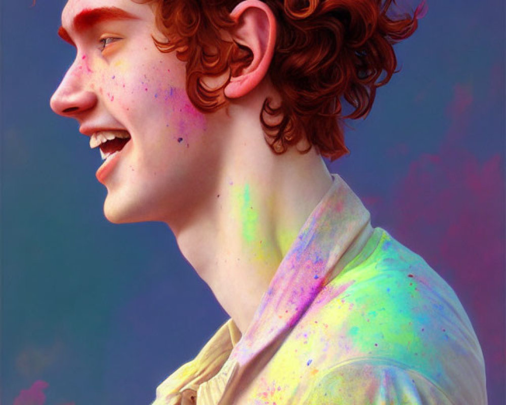 Freckled red-haired youth in paint-splattered shirt against vibrant backdrop