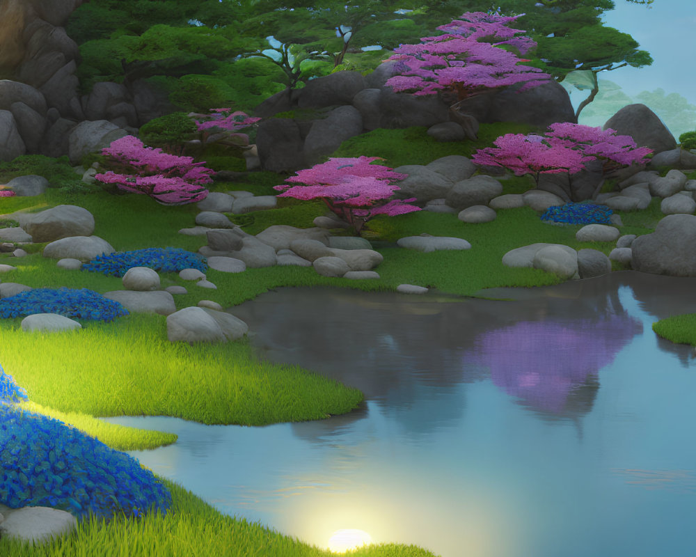 Tranquil garden scene with reflective pond, cherry blossoms, blue flowers, and rock formations