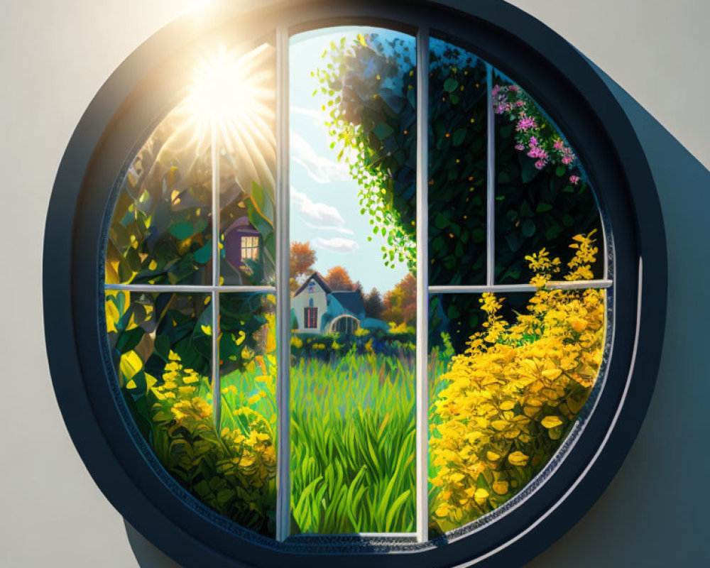 Circular window overlooking sunny garden with vibrant flowers and distant house