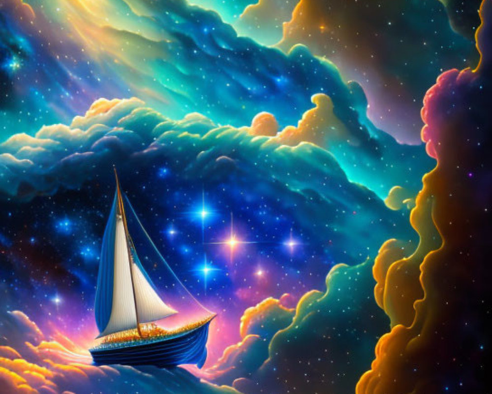 Sailboat sailing through cosmic clouds under starry sky