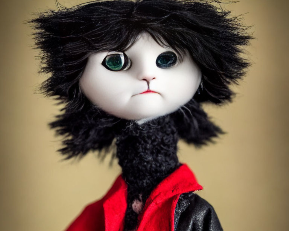 Black Plush Toy with Large Green Eyes and Red/Black Cloak