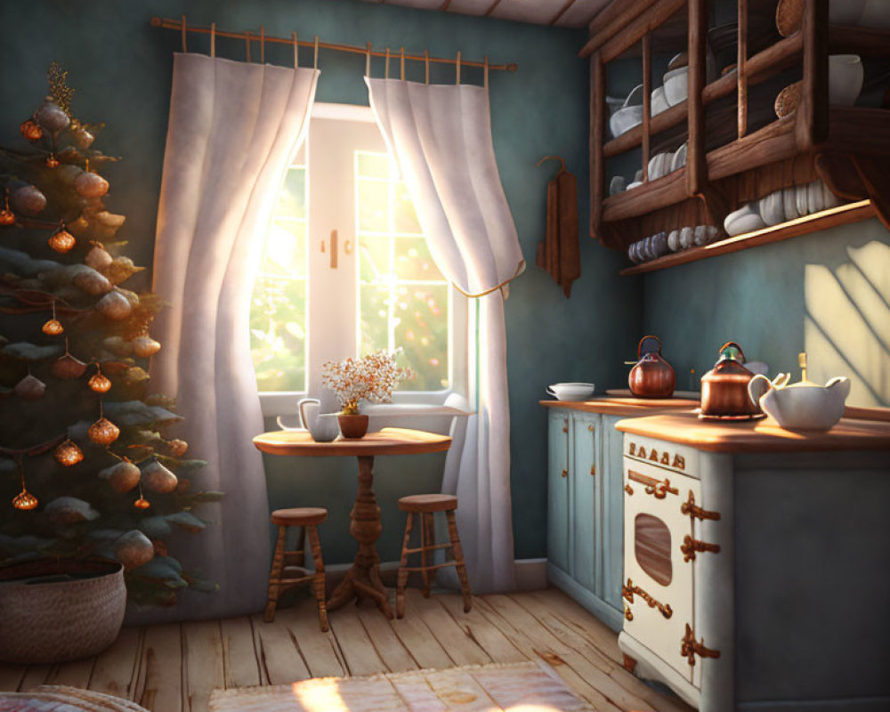 Warm Sunlight Illuminates Cozy Christmas Kitchen