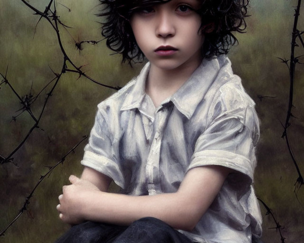 Child with Curly Hair Sitting in Misty Field Surrounded by Bare Branches