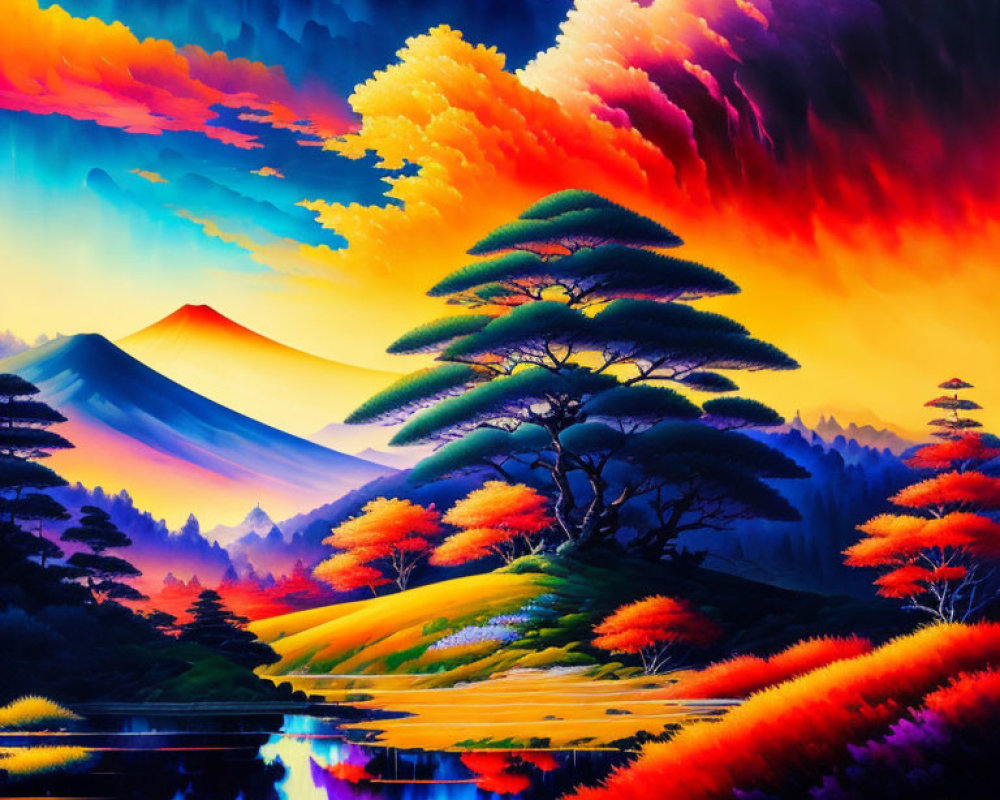 Colorful landscape painting with mountain, vibrant trees, and dynamic sky