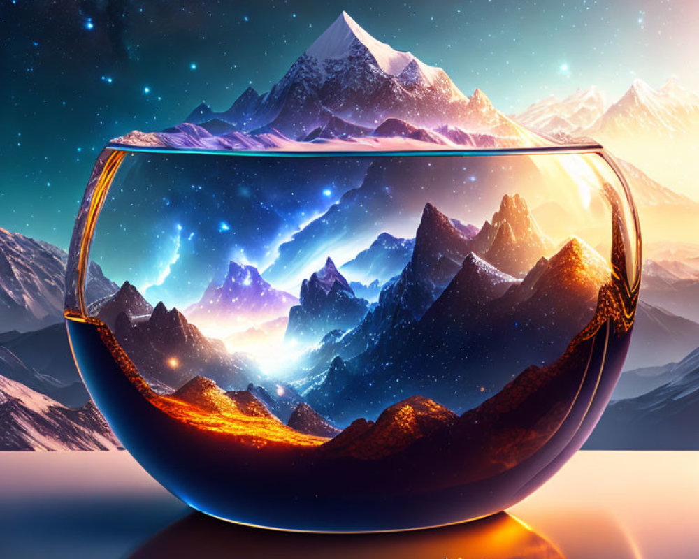 Surreal image: Mountain range in transparent bowl with galaxy background