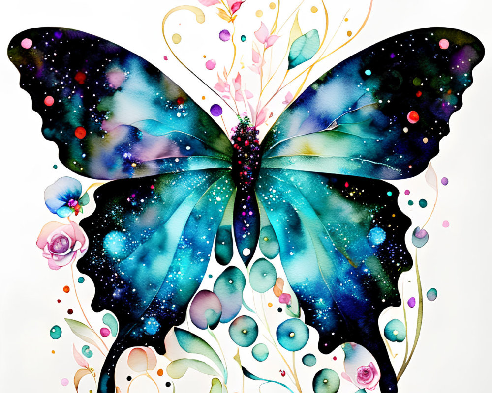 Colorful Butterfly Illustration with Cosmic Blue Wings and Pink Flowers