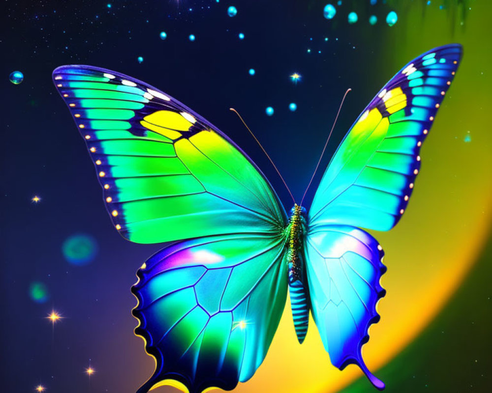 Colorful Butterfly Illustration with Glowing Wings on Magical Background