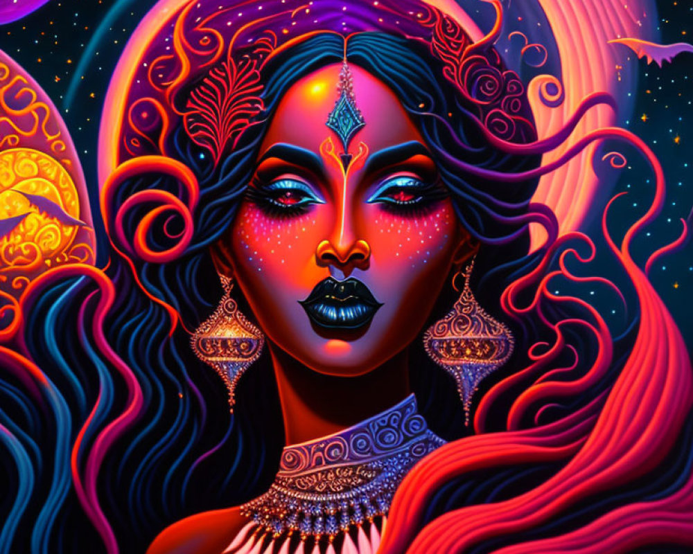 Portrait of Woman with Dark Skin and Cosmic Makeup Against Starry Background