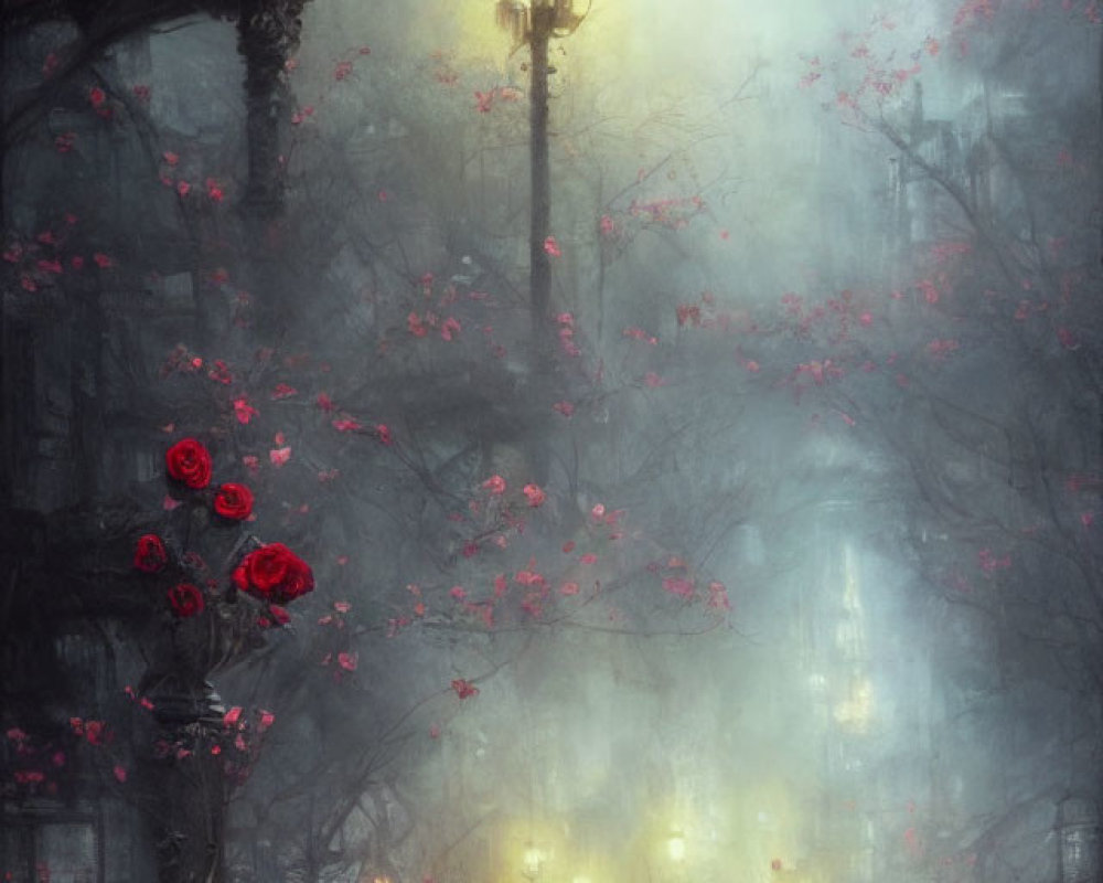 Foggy street scene at night with child and seated person among illuminated lamps and red-flowered trees