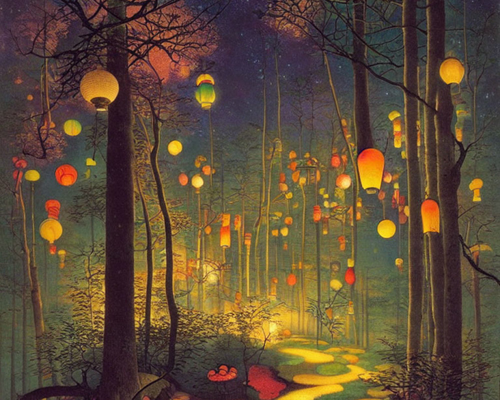 Enchanted forest at night with colorful lanterns and glowing pathway