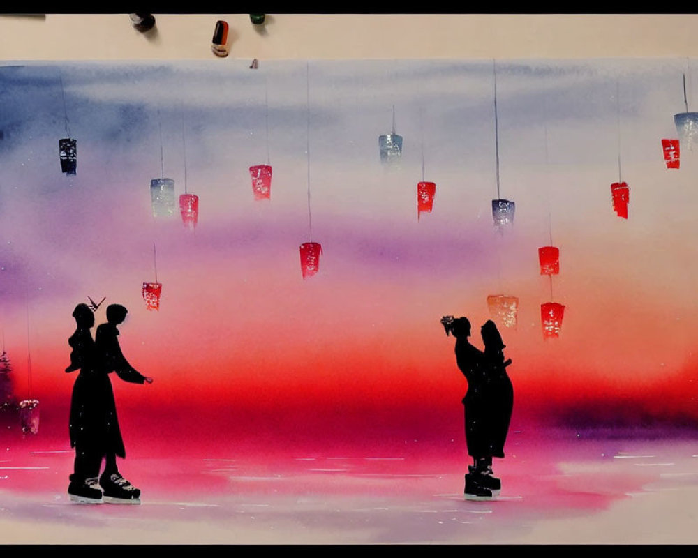 Silhouetted Figures on Reflective Surface under Lantern-lit Sky