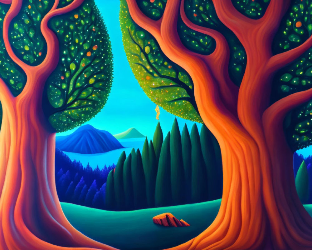 Colorful Landscape Painting with Large Trees, Rolling Hills, and Blue Mountains