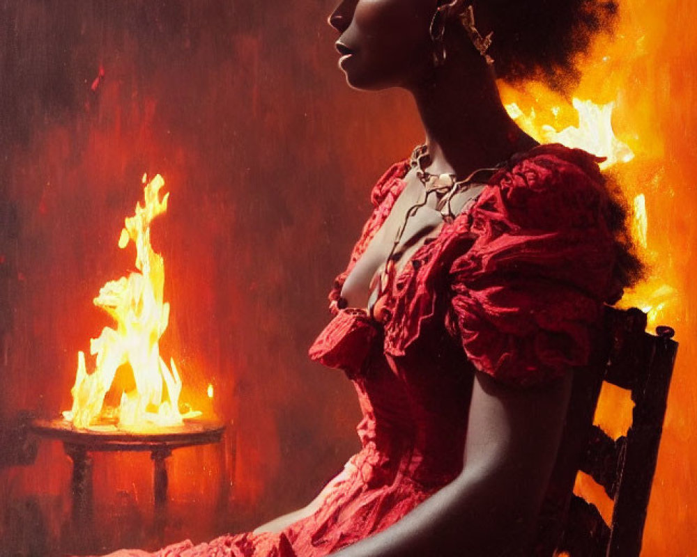 Profile of woman in red dress by blazing fire, exuding powerful aura