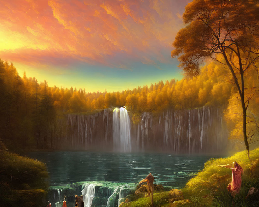 Serene waterfall in lush forest with dramatic sunset sky