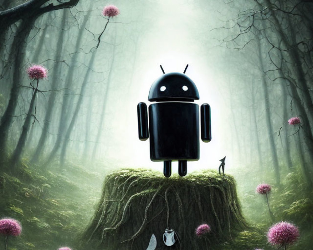 Android robot on forest stump with misty woods, purple flowers, and rabbit