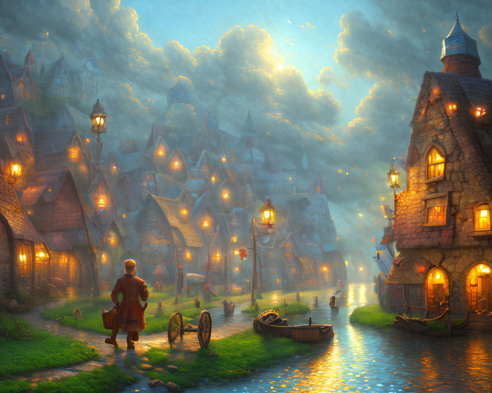 Medieval village at dusk with cobbled streets, lanterns, and reflective waterway