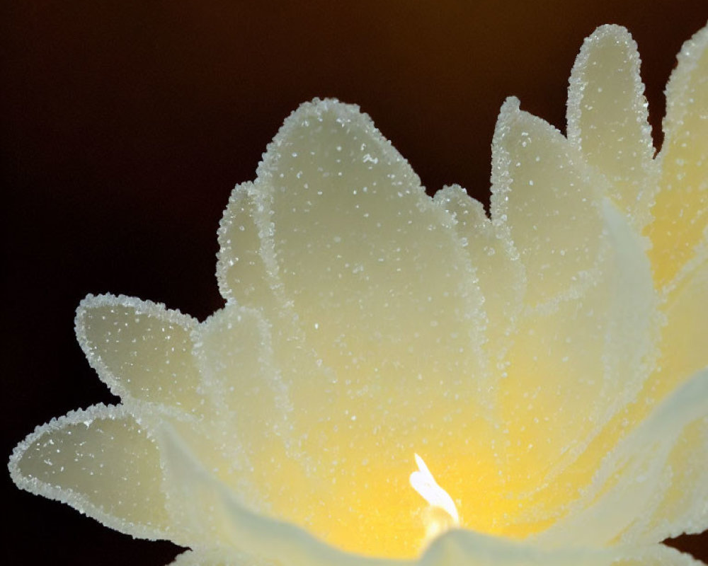 Yellow flower with dewdrops on delicate petals against dark background