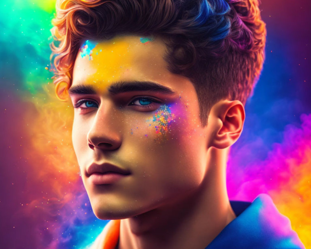 Colorful digital artwork: Young man with curly hair and neon lighting effects