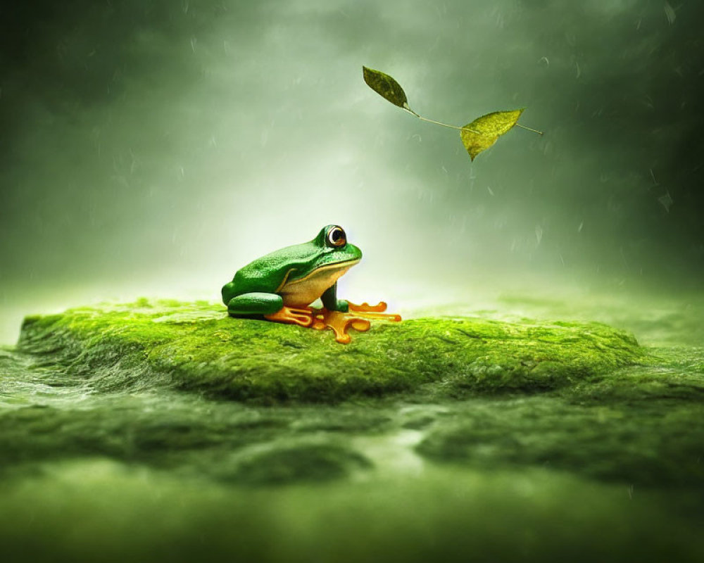 Colorful frog on mossy rock with falling leaf in misty rain scene